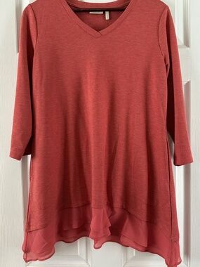 Logo Lounge Orange 3/4 Sleeve Chiffon Ruffle Hem Tunic Top Pockets Size M LBN